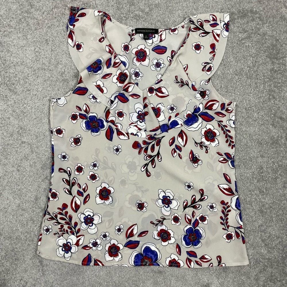Banana Republic Women’s Small Grey Floral Ruffled Neckline Blouse Top Shirt